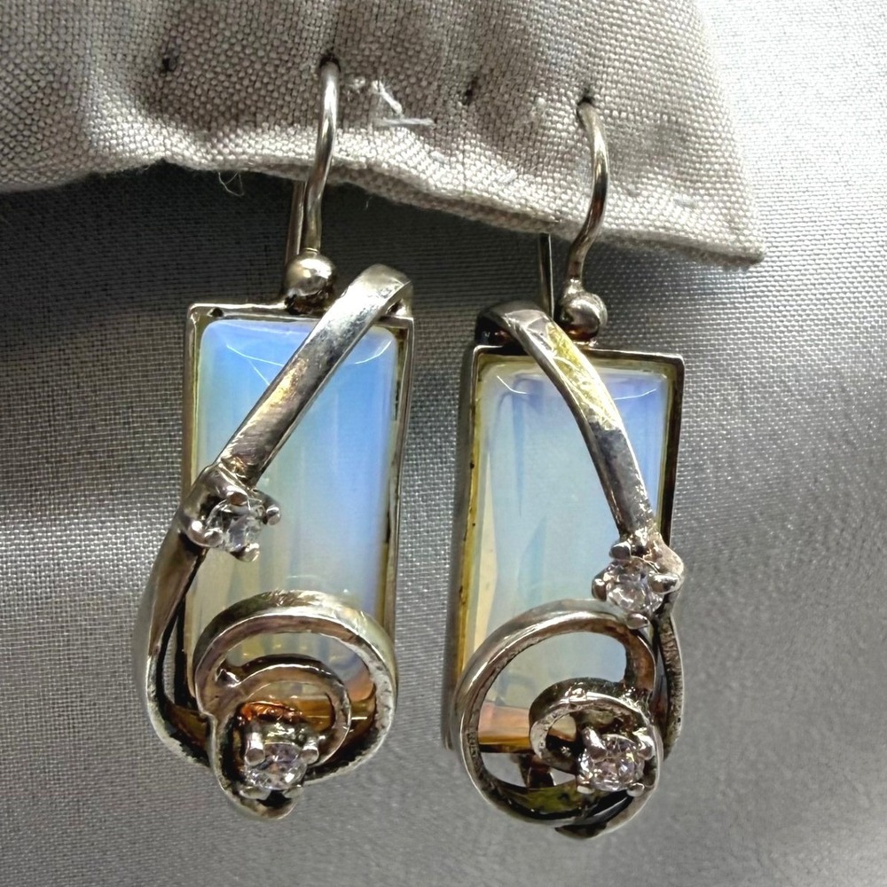 Vintage Opalite Drop Earrings Women OS Silver Good 925 Sterling Rectangular Hook